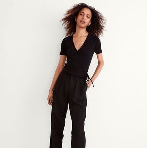 Madewell Shirt Women XXS 2XS Black Ribbed Wrap Crop Top Bow V Neck Short Sleeve